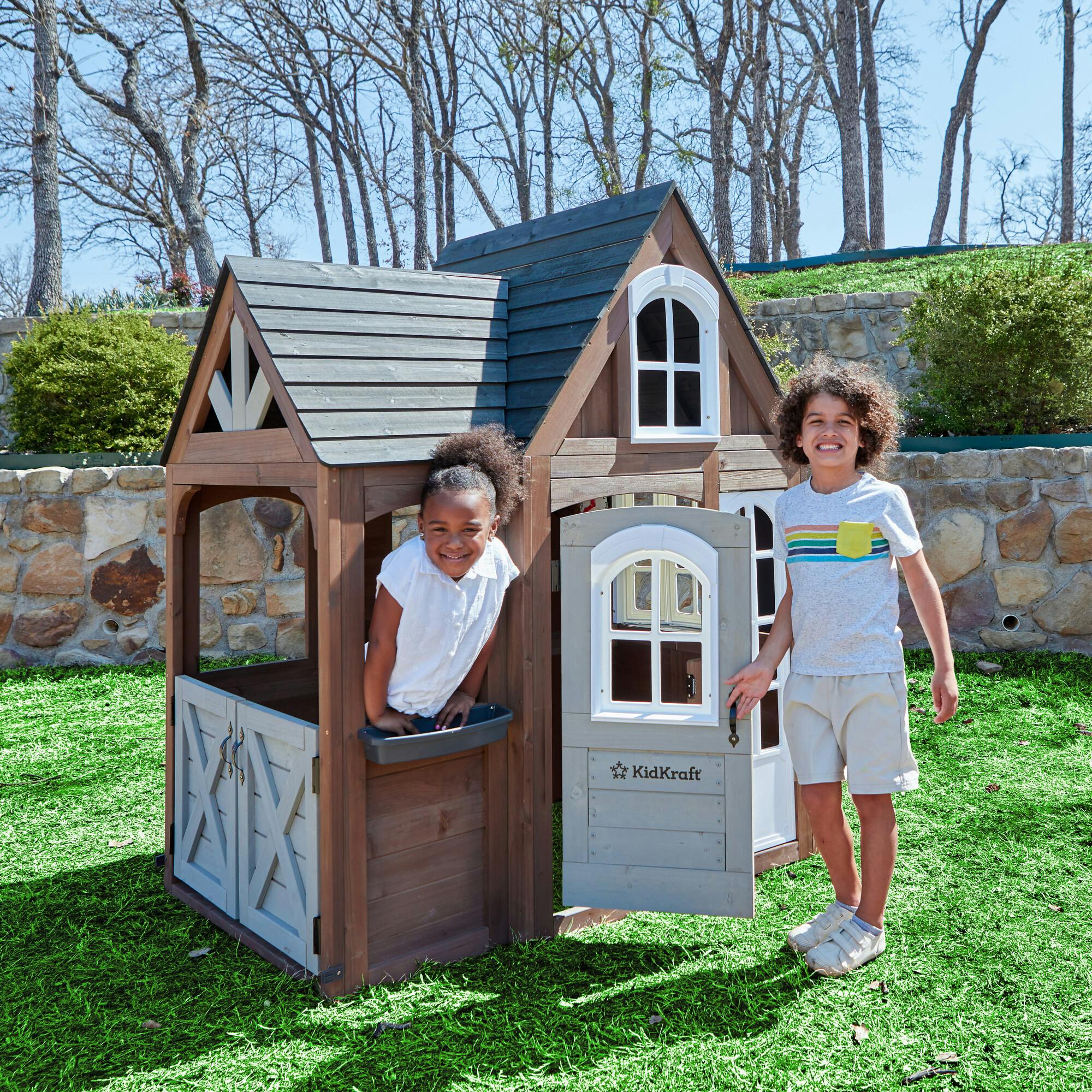 Timberwood Wooden Outdoor Playhouse With Kitchen And Barn Doors