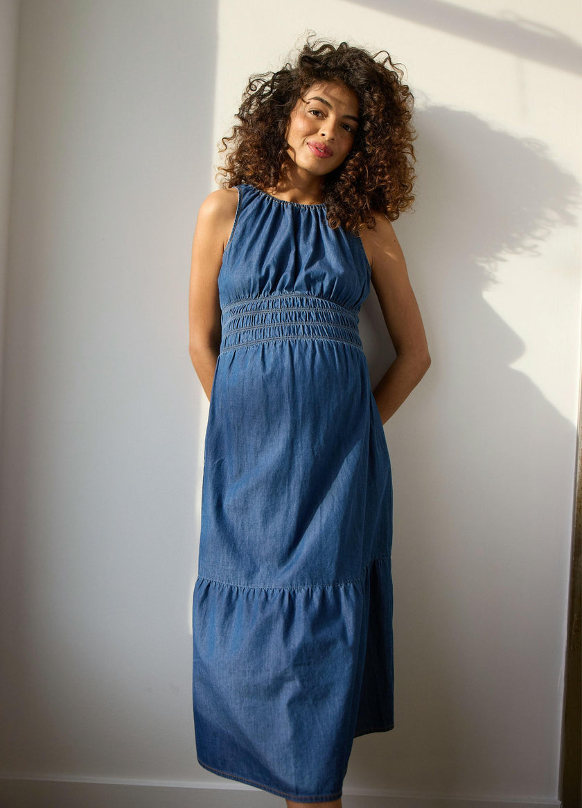 Sleeveless Chambray Maternity and Nursing Midi Dress