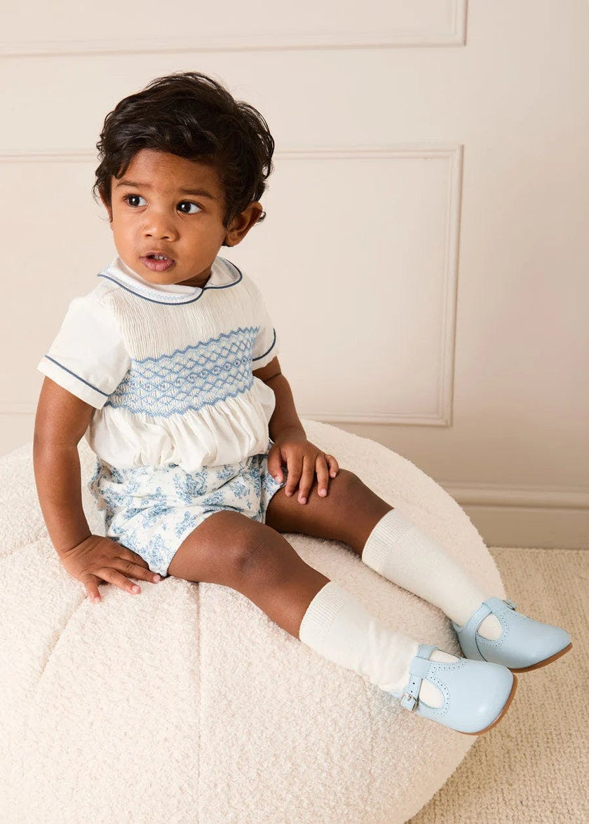 Audrey Toile Peter Pan Collar Hand Smocked Two Piece Set in Blue (6mths-3yrs)