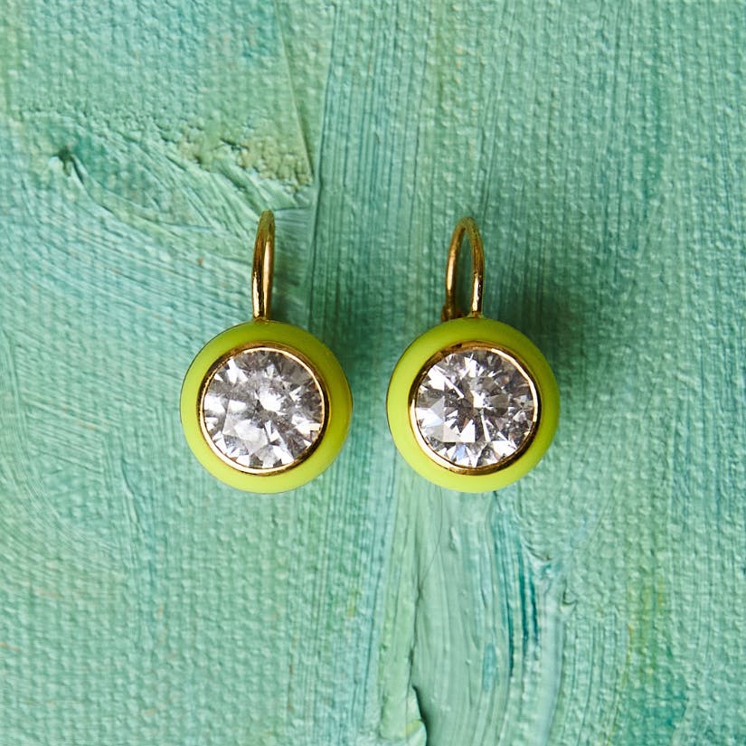 Chartreuse Enamel Bezel Drop Earrings