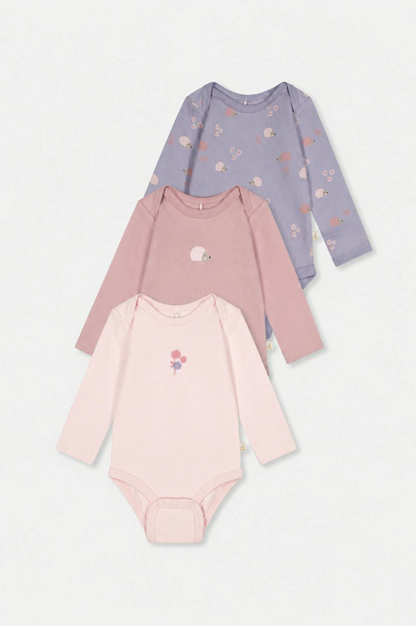 Three Pack Organic Cotton Onesie Purple Hedgehog Print
