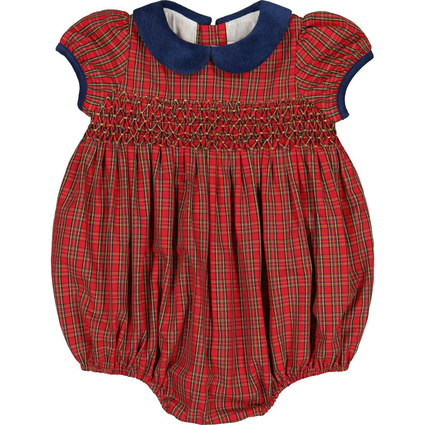 Angelica Navy Tartan Short Sleeve Smocked Bubble