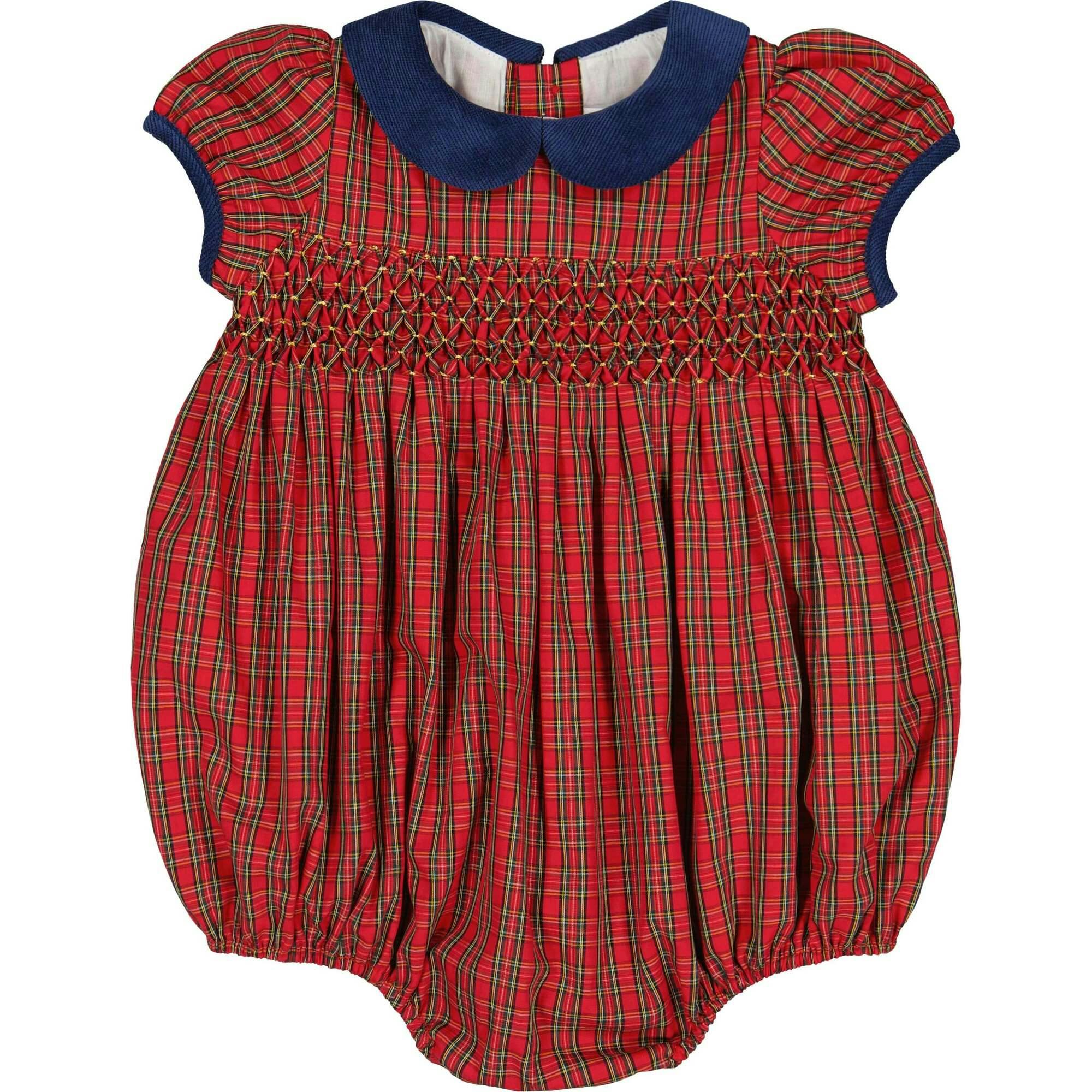 Angelica Navy Tartan Short Sleeve Smocked Bubble