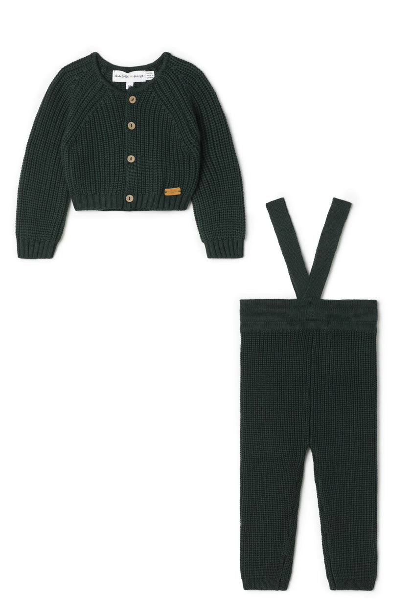 Overall Ribbed Button Front Overalls and Cardigan Two Piece Set