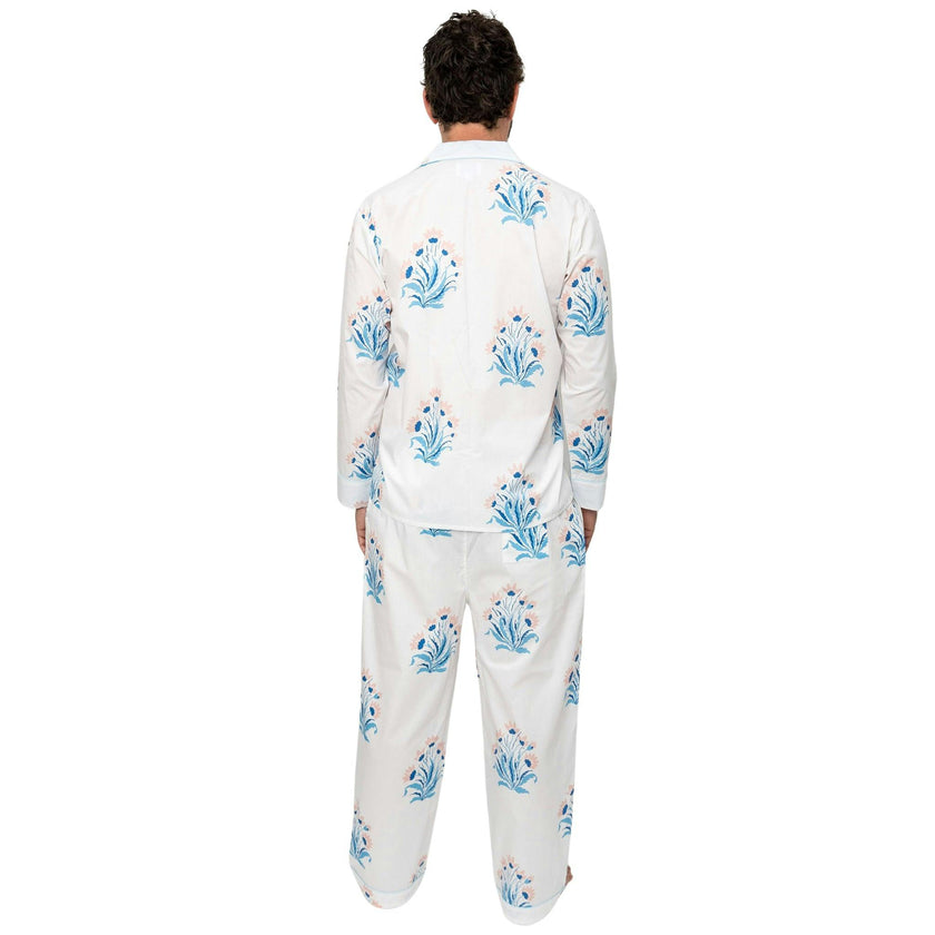 Men's Nathan Turner Hillhouse Long PJ Set - Blue Pink Organic Cotton Poplin