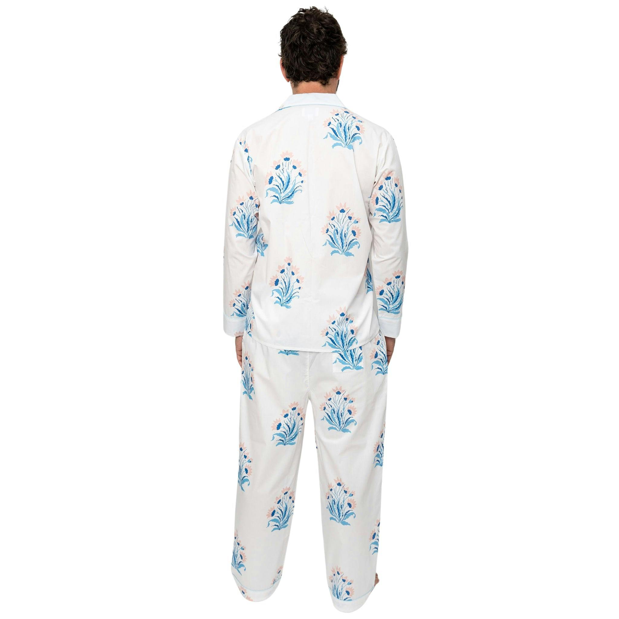 Men's Nathan Turner Hillhouse Long PJ Set - Blue Pink Organic Cotton Poplin