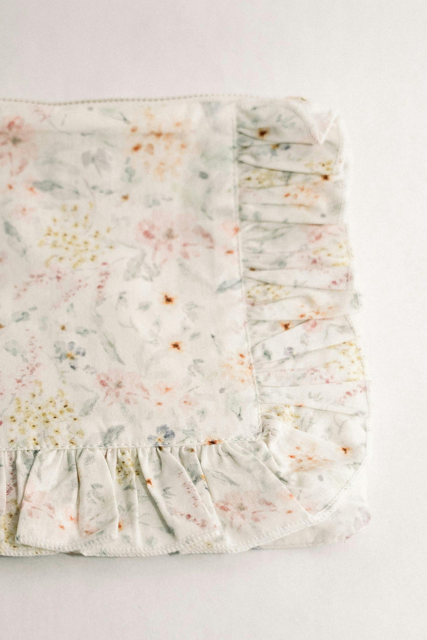 Dewdrop Meadow Timeless Floral Ruffle Zipper Pouch