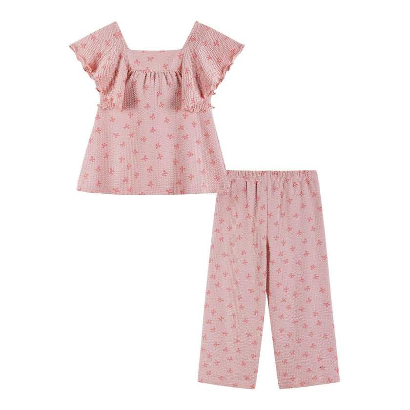Girls Knit Seersucker Top & Pant Set | Pink Bow Print