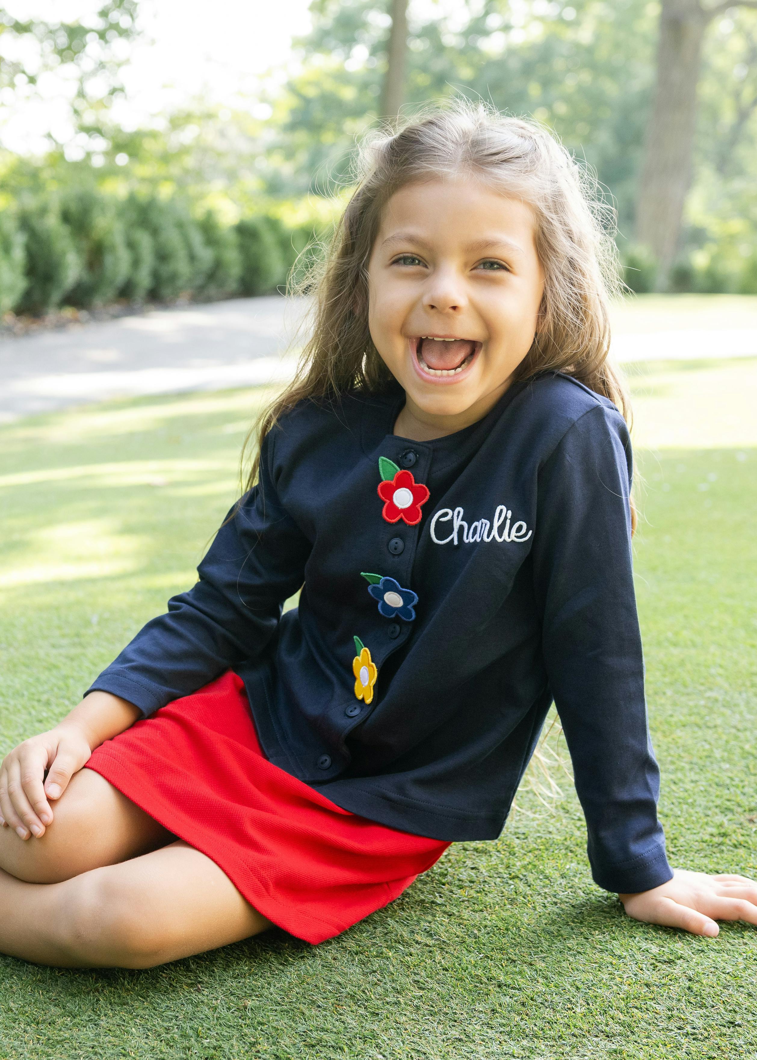 Navy Knit Cardigan With Flowers