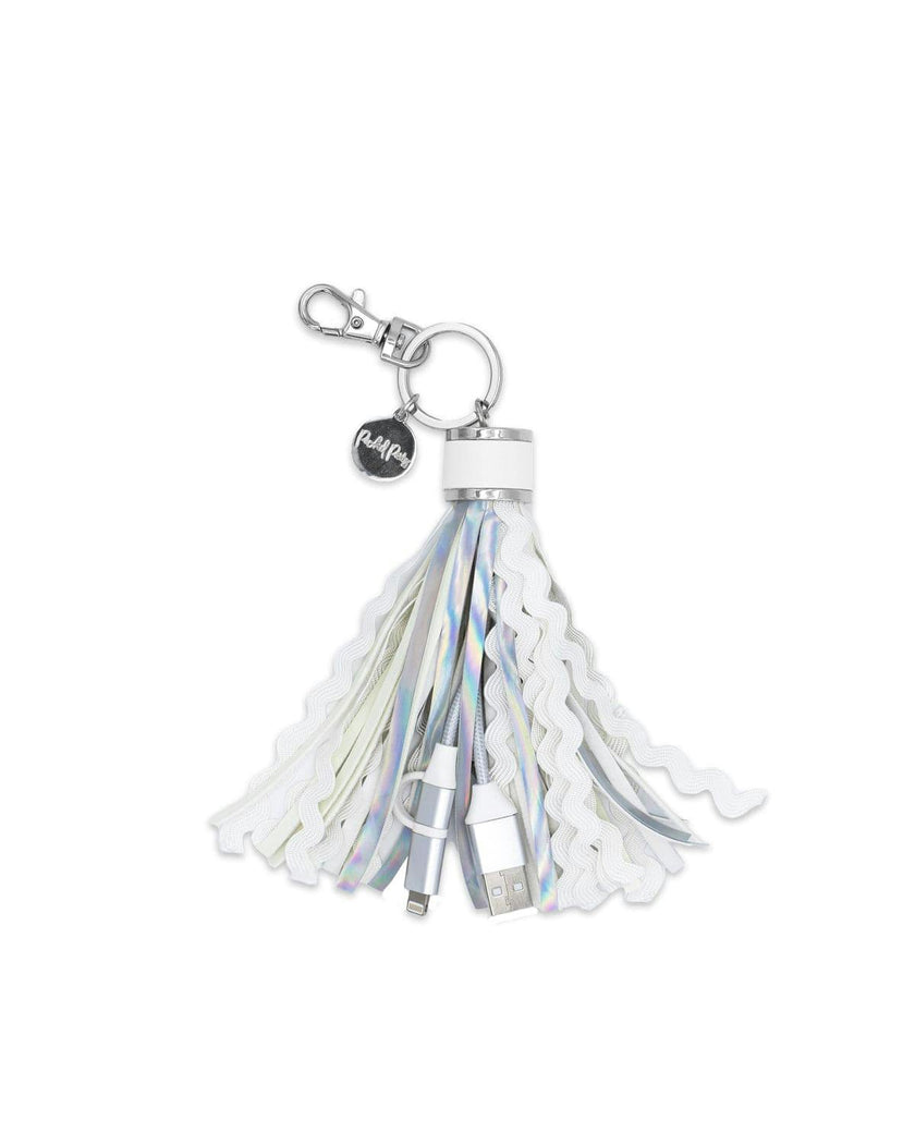 Packed Party More Metallic Portable Charging Tassel Keychain - Holographic Vegan Leather Keychain USB Charger Compatible with iPhone and Android, 1 Inch Keyring