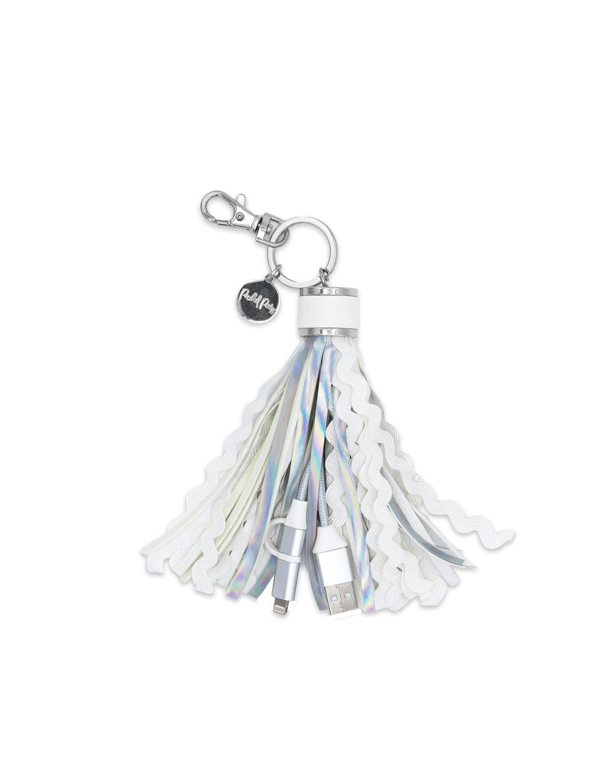 Packed Party More Metallic Portable Charging Tassel Keychain - Holographic Vegan Leather Keychain USB Charger Compatible with iPhone and Android, 1 Inch Keyring