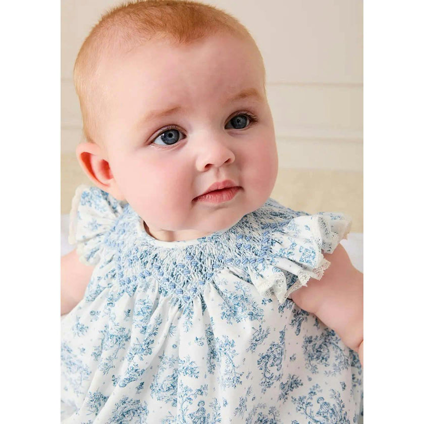 Audrey Toile Capped Sleeve Hand Smocked Dress with Bloomers in Blue (3-12mths)