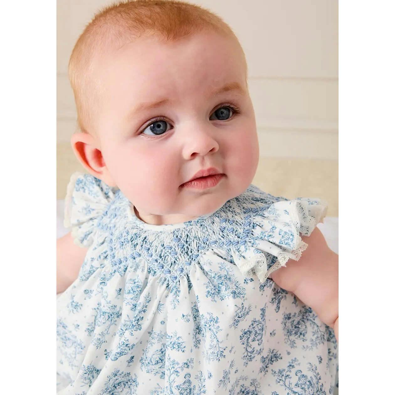Audrey Toile Capped Sleeve Hand Smocked Dress with Bloomers in Blue (3-12mths)