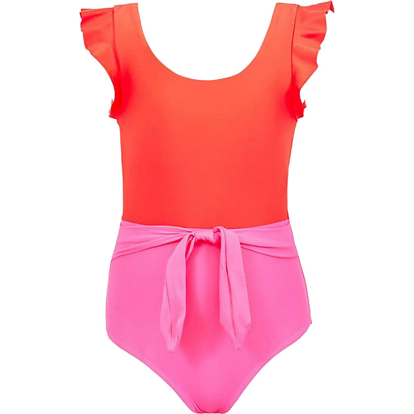 Ruffle Shoulder Belted Knot Waist One-Piece, Pink