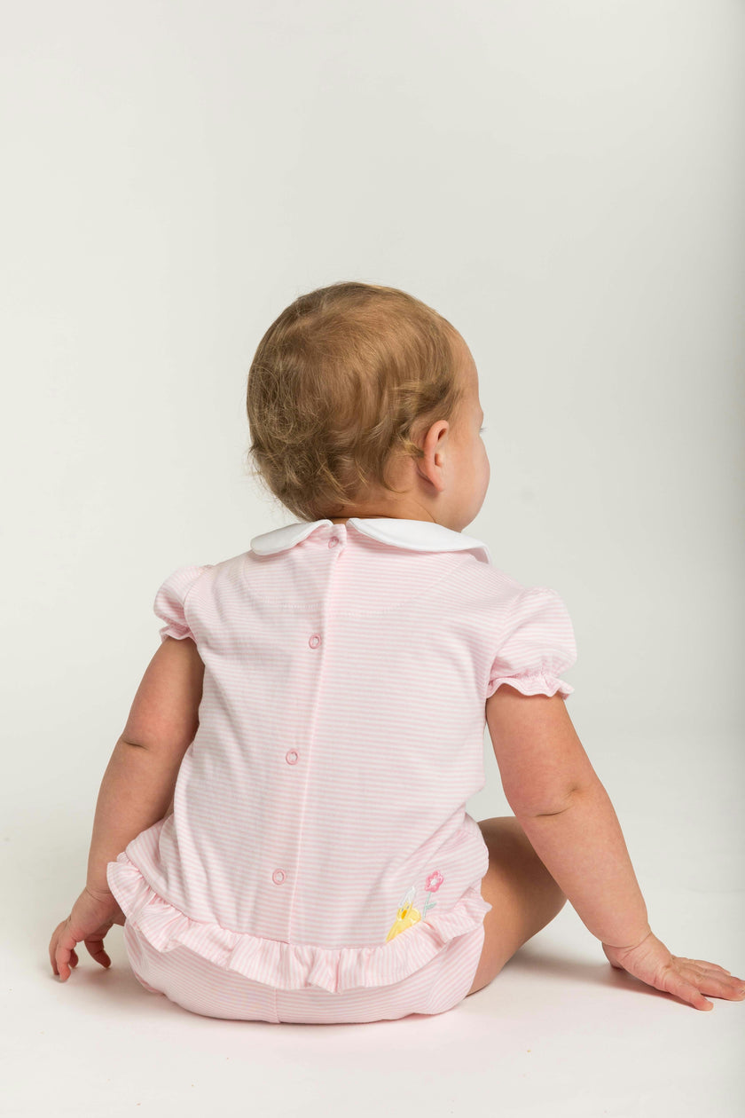Stripe Knit Romper With Flowers & Chick
