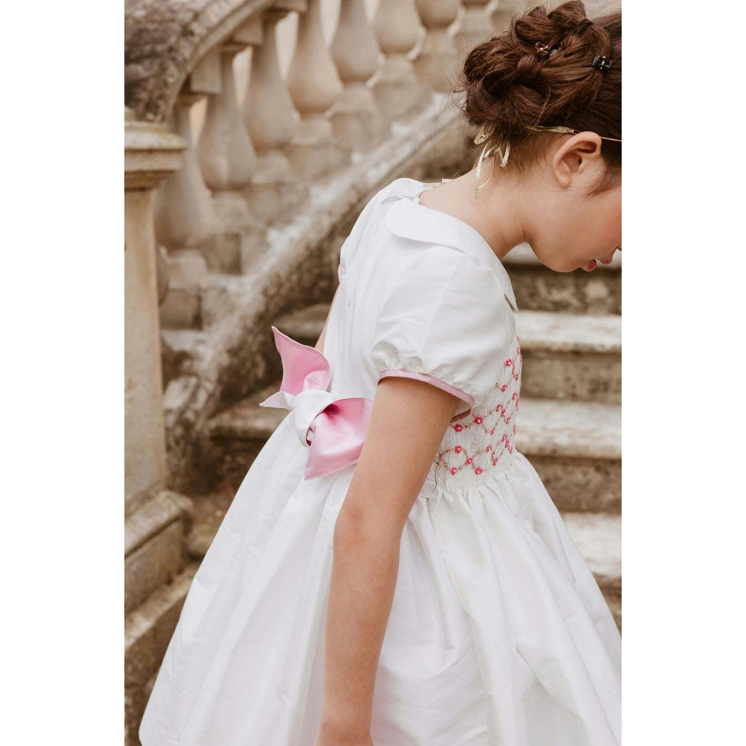 Bagatelle White/Pink Silk Handmade Smocked Dress