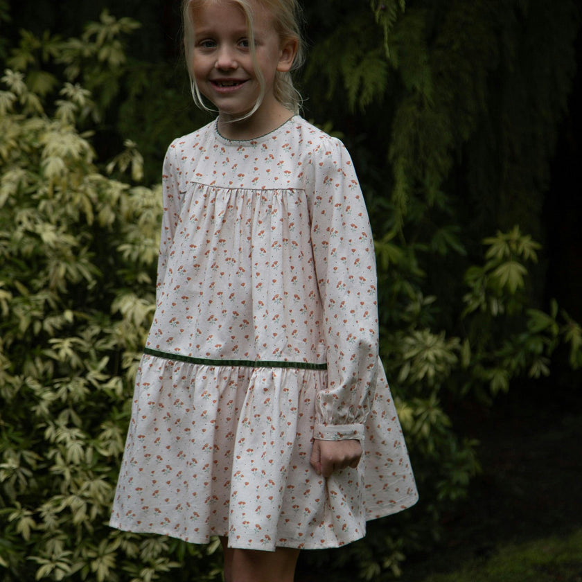 Piper Tiered Dress with Velvet Trim | Beige Petals