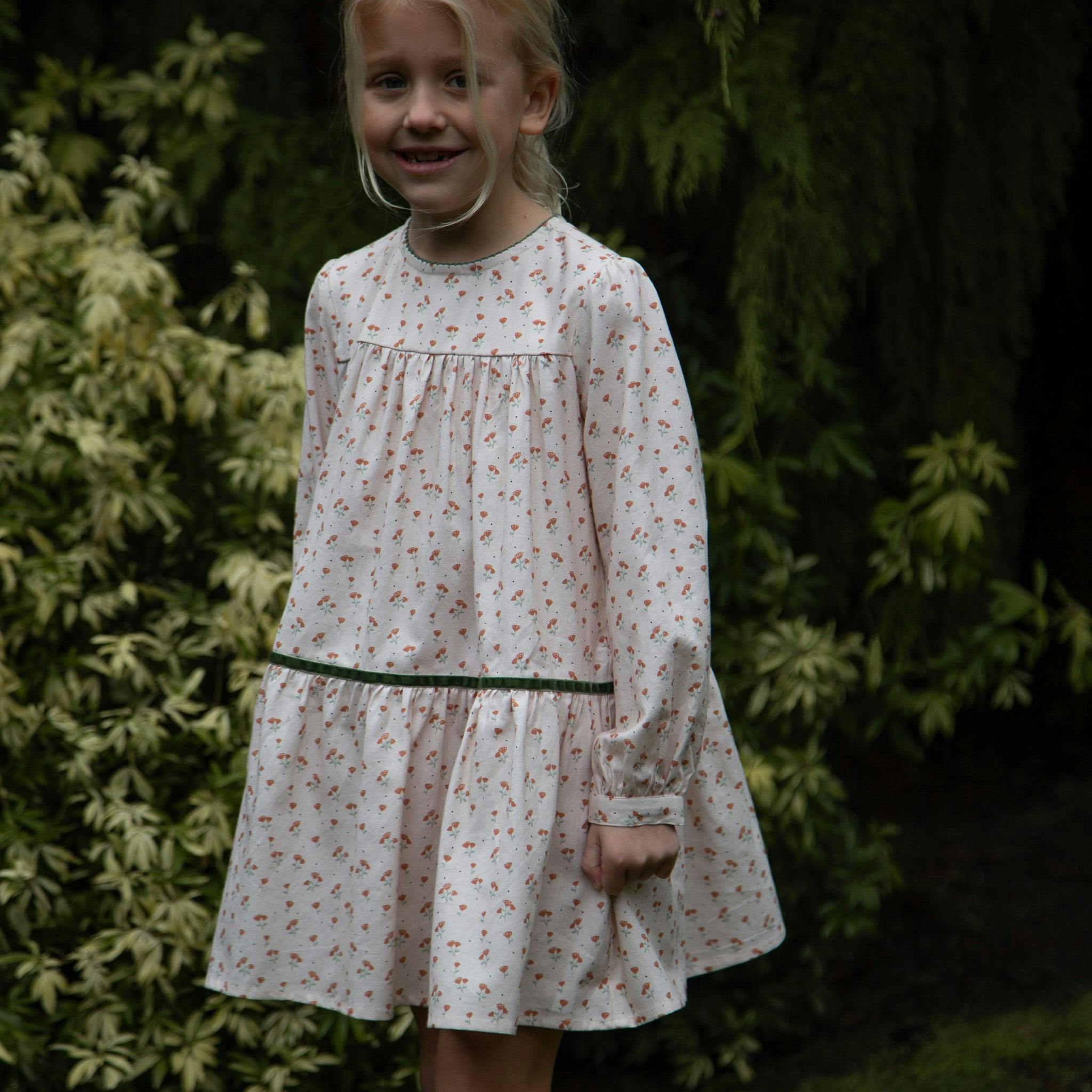 Piper Tiered Dress with Velvet Trim | Beige Petals