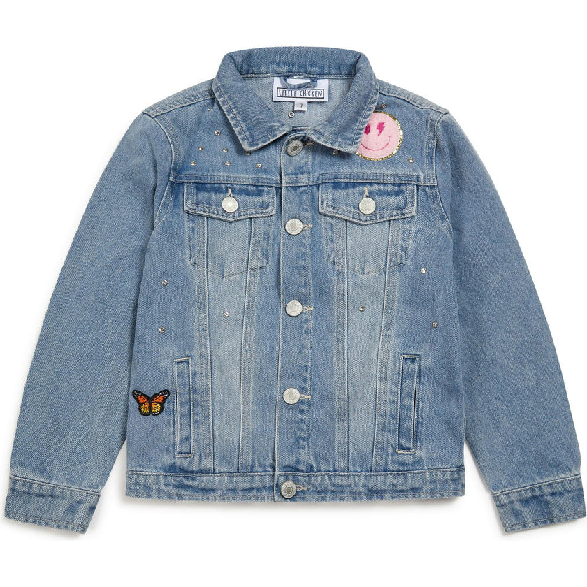 Jeweled Patched Denim Jacket, Blue