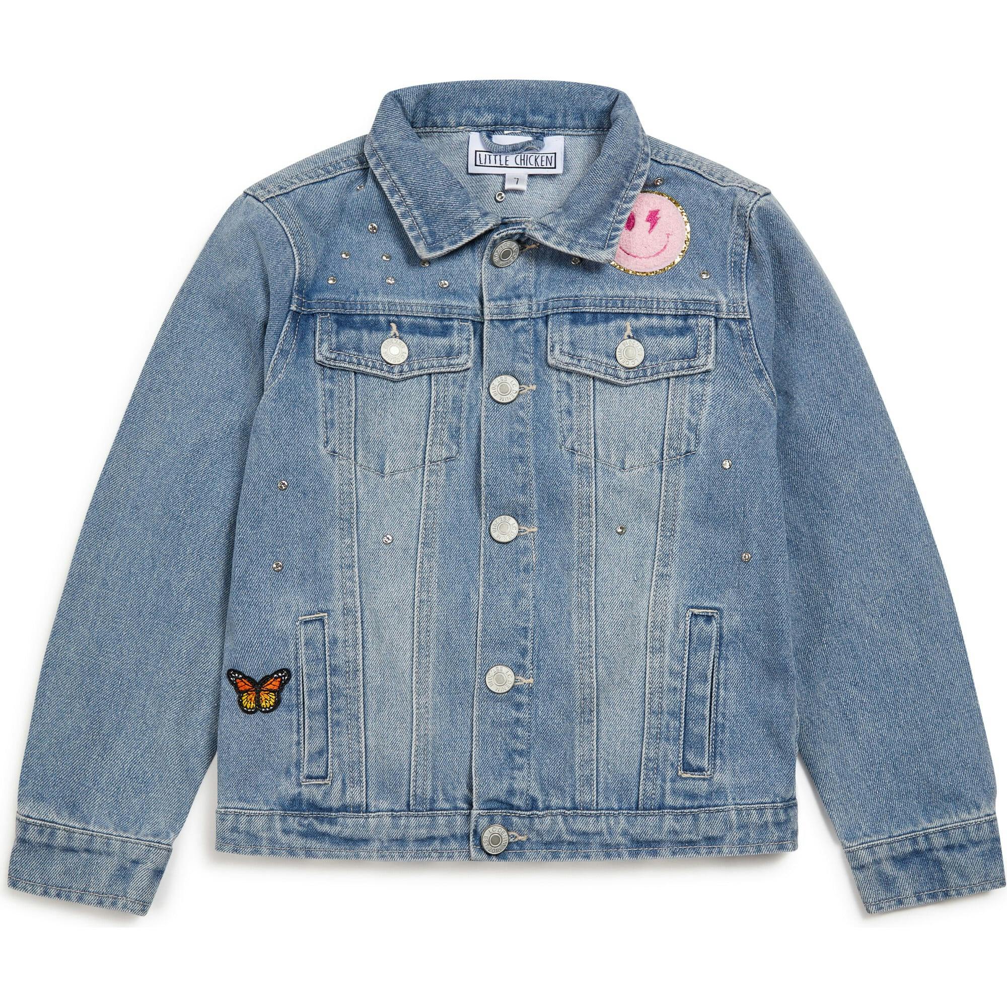 Jeweled Patched Denim Jacket, Blue