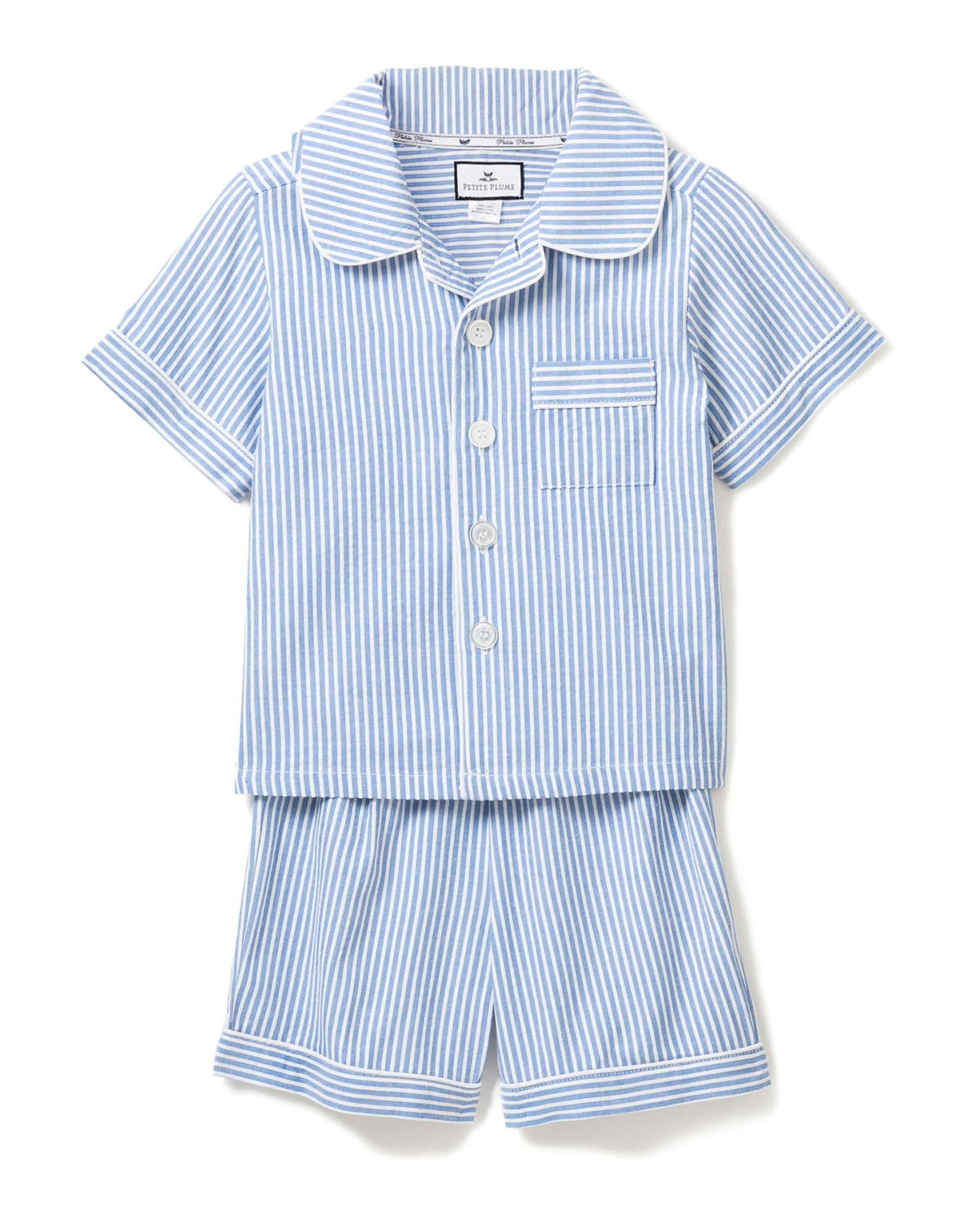 Kid's Twill Pajama Short Set in French Blue Stripes