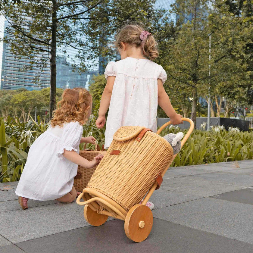 Eric Handcrafted Rattan Shopping Trolley With Detachable Tote Bag & Wooden Wheels - Wicker
