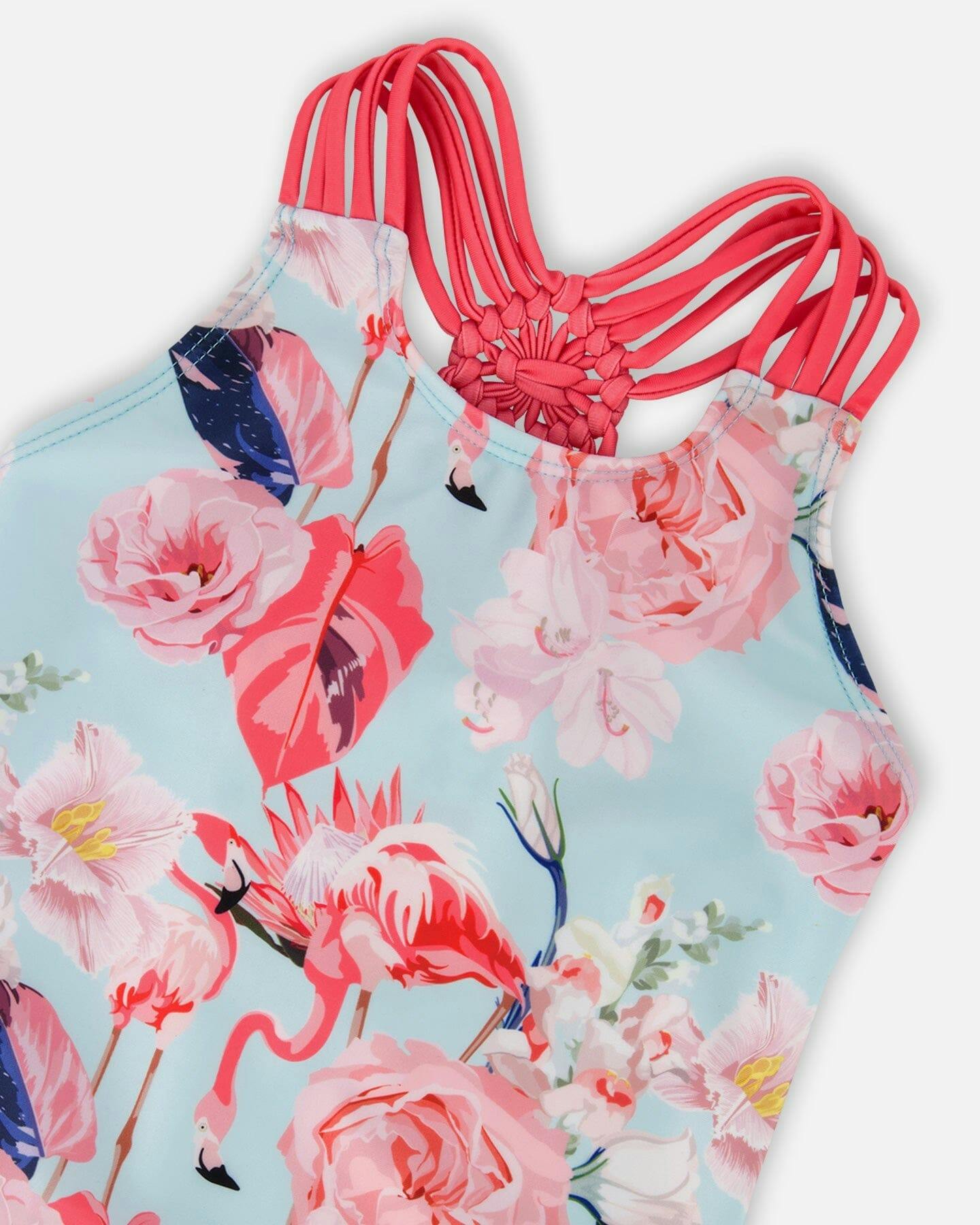 One-Piece Swimsuit Blue Flamingo Print
