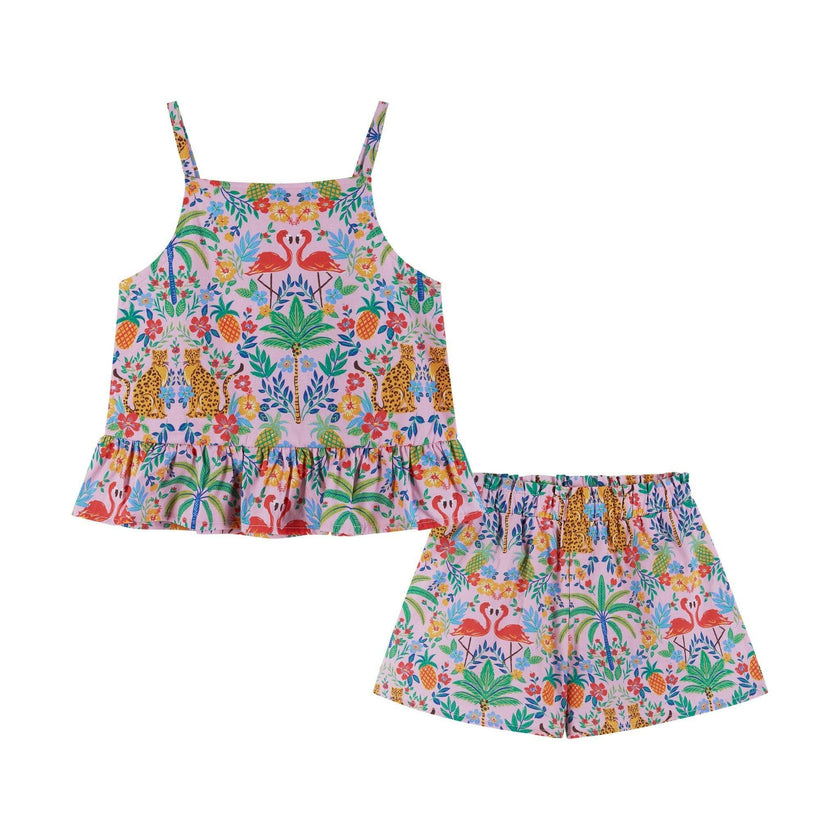 Girls Textured Cotton Poplin Top and Short Set | Pink Cheetah
