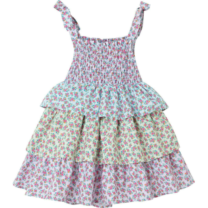 Kids Color Blocked Floral Tiered Dress