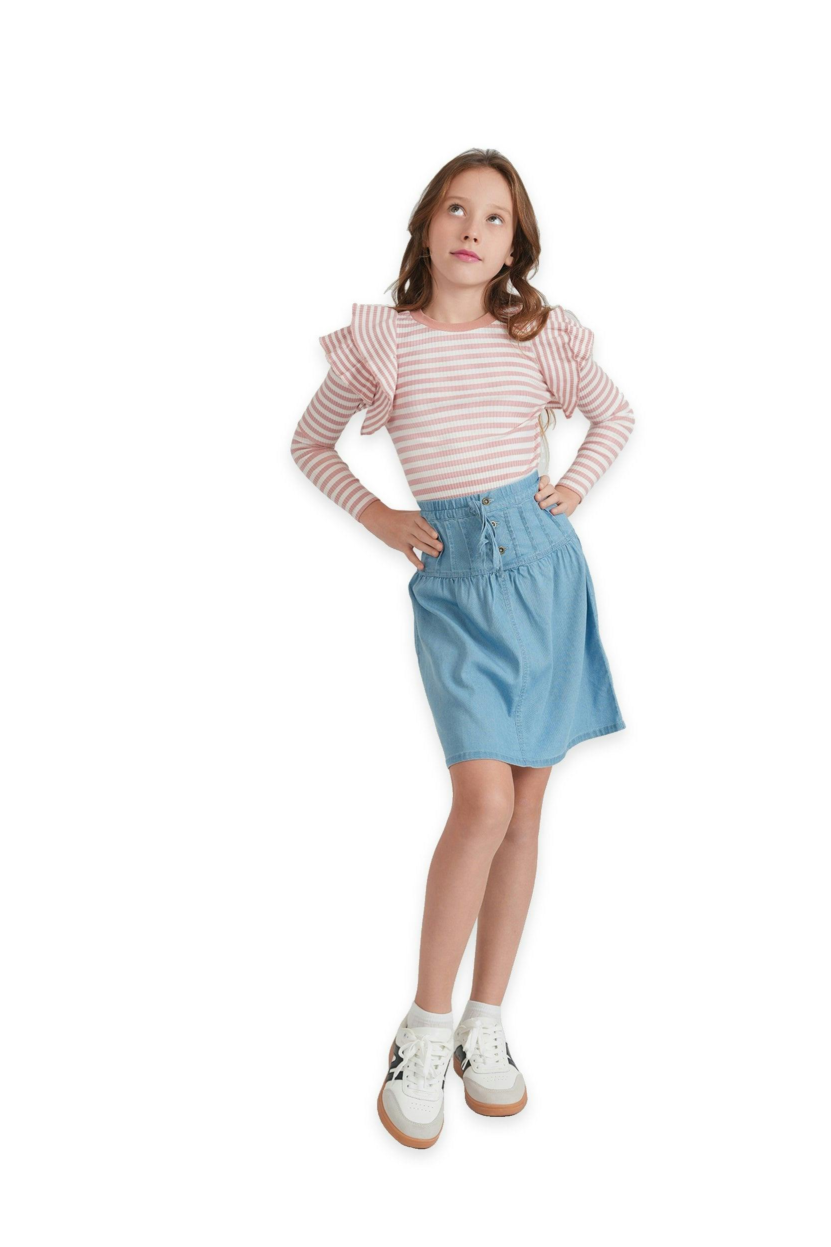 Stripped Rib T Shirt With Ruffles