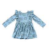 Girls Long Sleeve Ruffle Dress in Daisy in Ski Blue