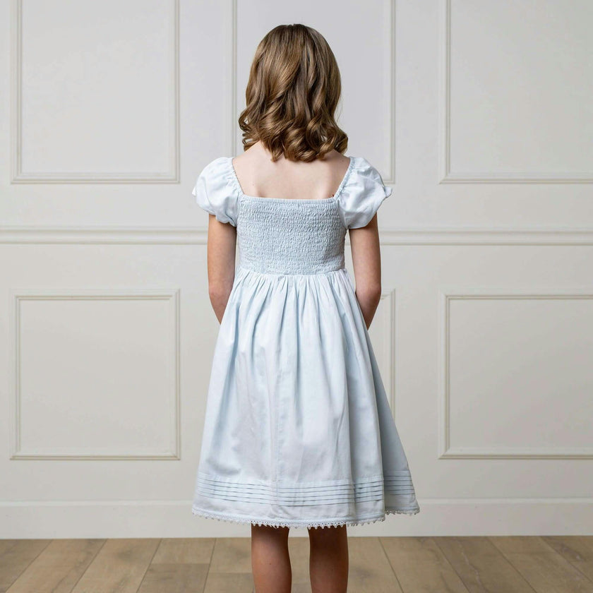 Organic Sateen Cap Sleeve Special Occasion Smocked Flower Girl Dress, Blue