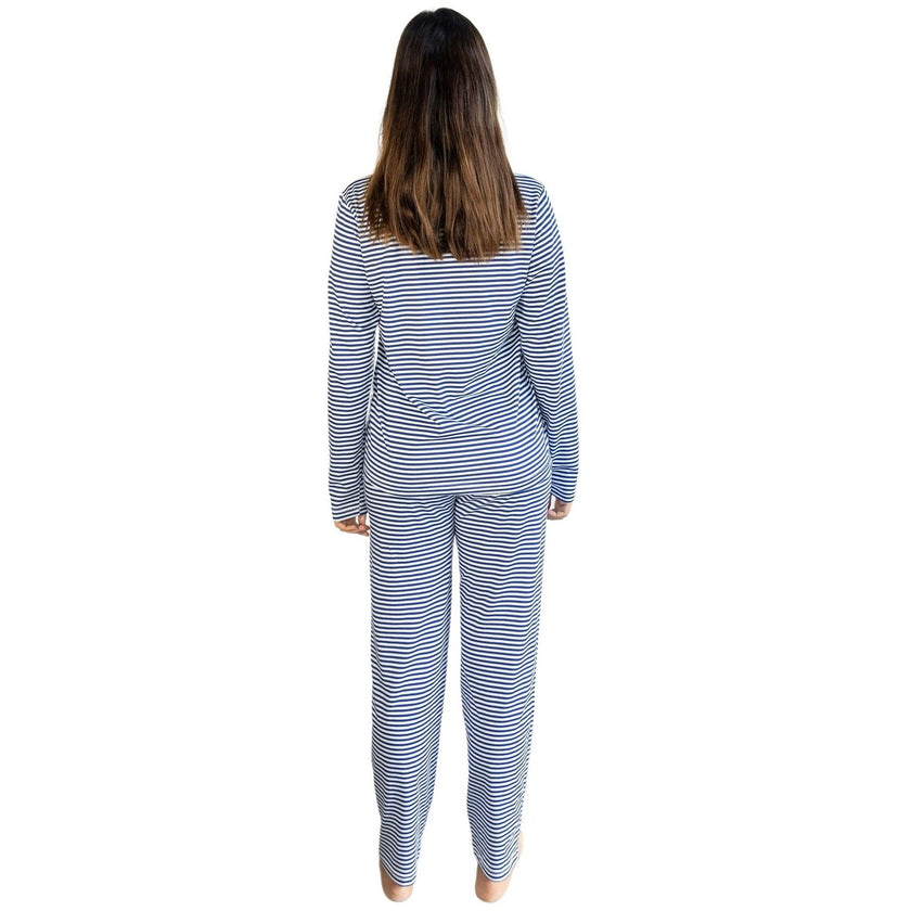 Women's Marina Jersey Long PJ Set - Navy Stripe Organic Stretch Cotton