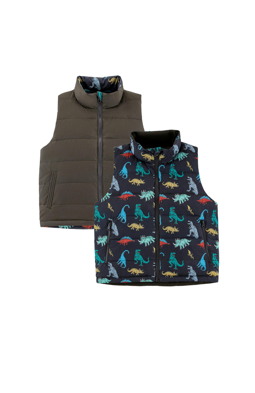 Casey Reversible Lightweight Down Puffer Vest, Dinosaur Dudes