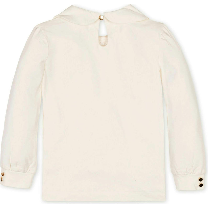 Organic Long Sleeve Knit Top with Woven Collar, White