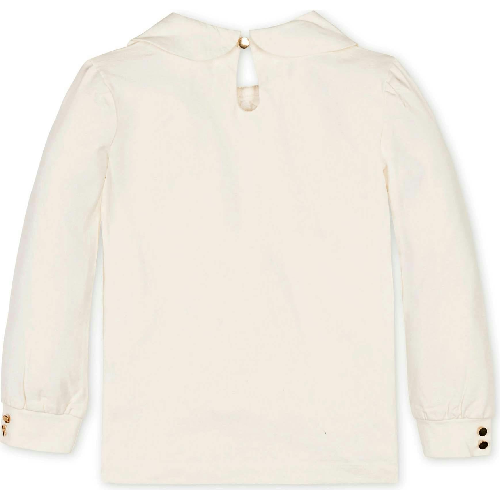 Organic Long Sleeve Knit Top with Woven Collar, White