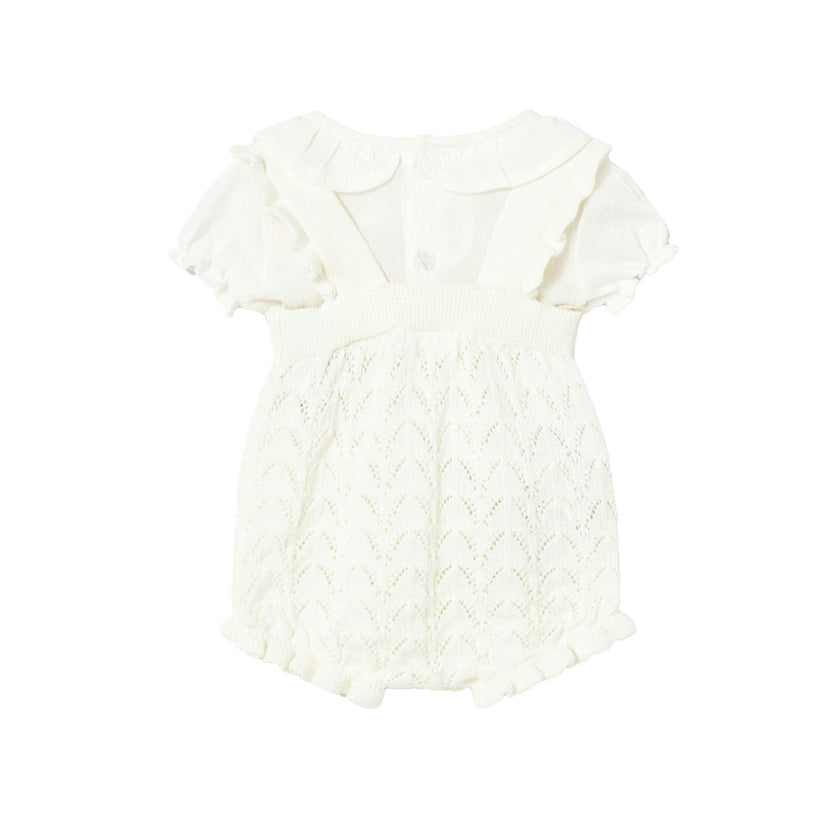 White Knitted Baby Romper with Puff Sleeves