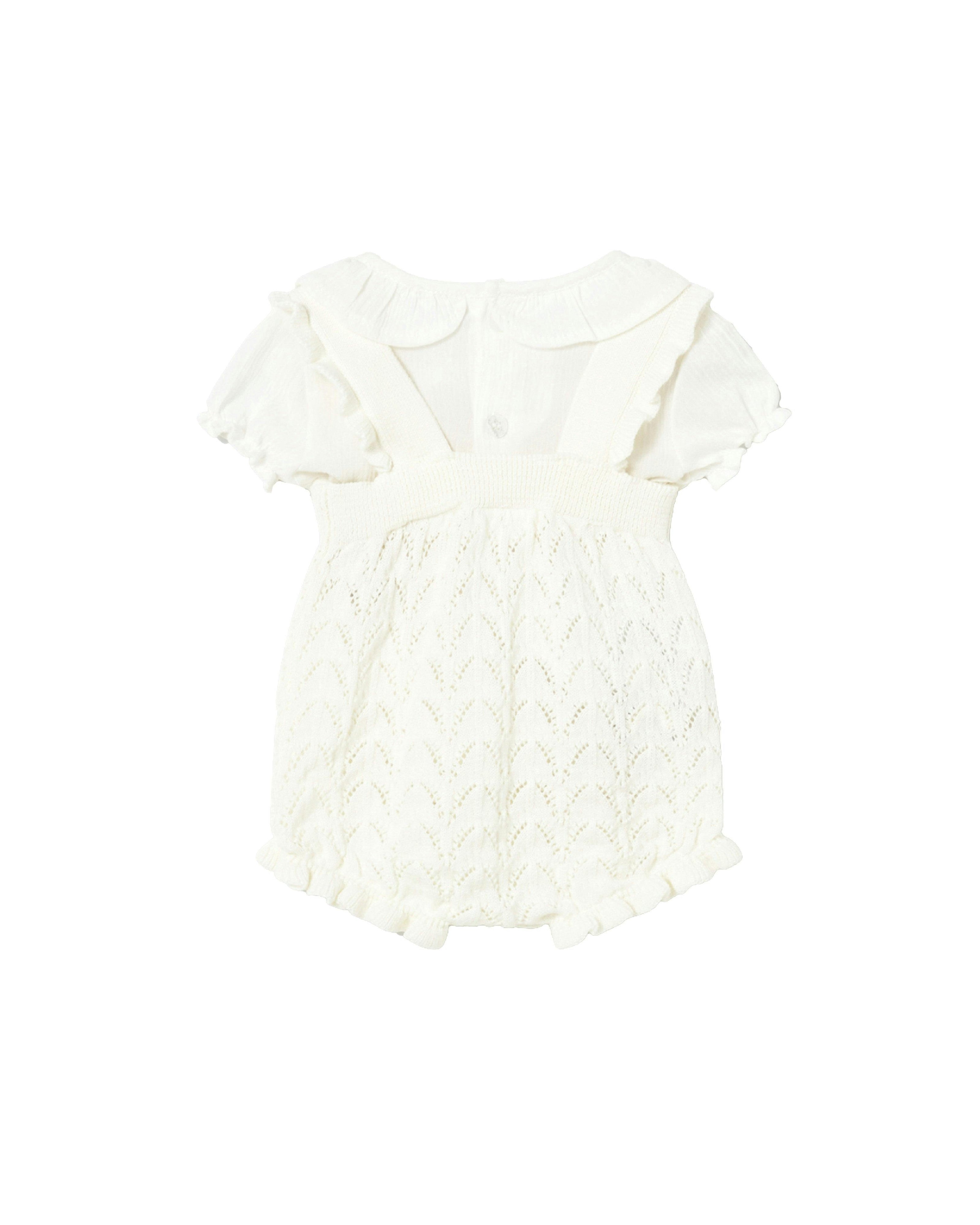 White Knitted Baby Romper with Puff Sleeves