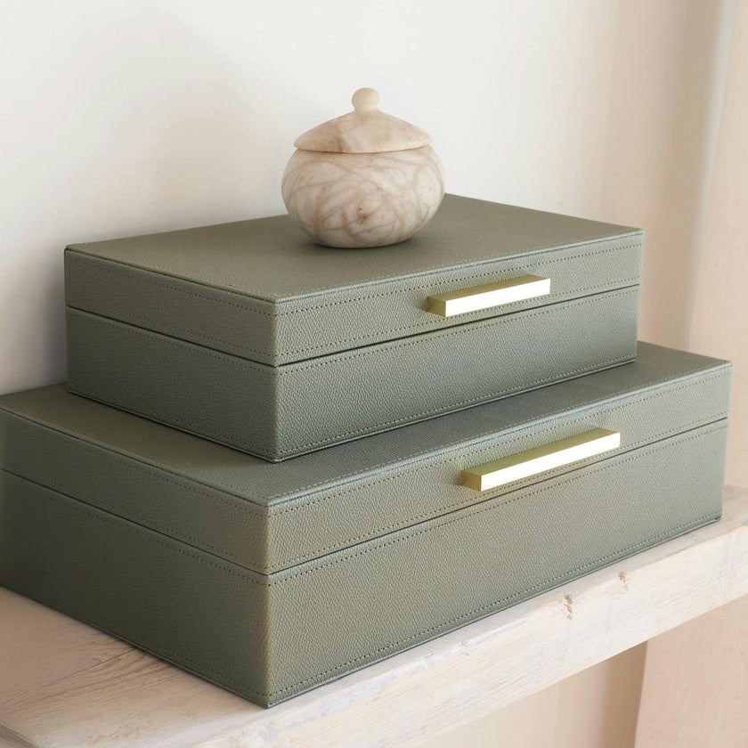 Decorative Storage Boxes with Lids - Set of 2 PU Leather Organizer Bins for Bookshelf Decor - Store Photos, Documents and Memory Box Keepsakes in Style