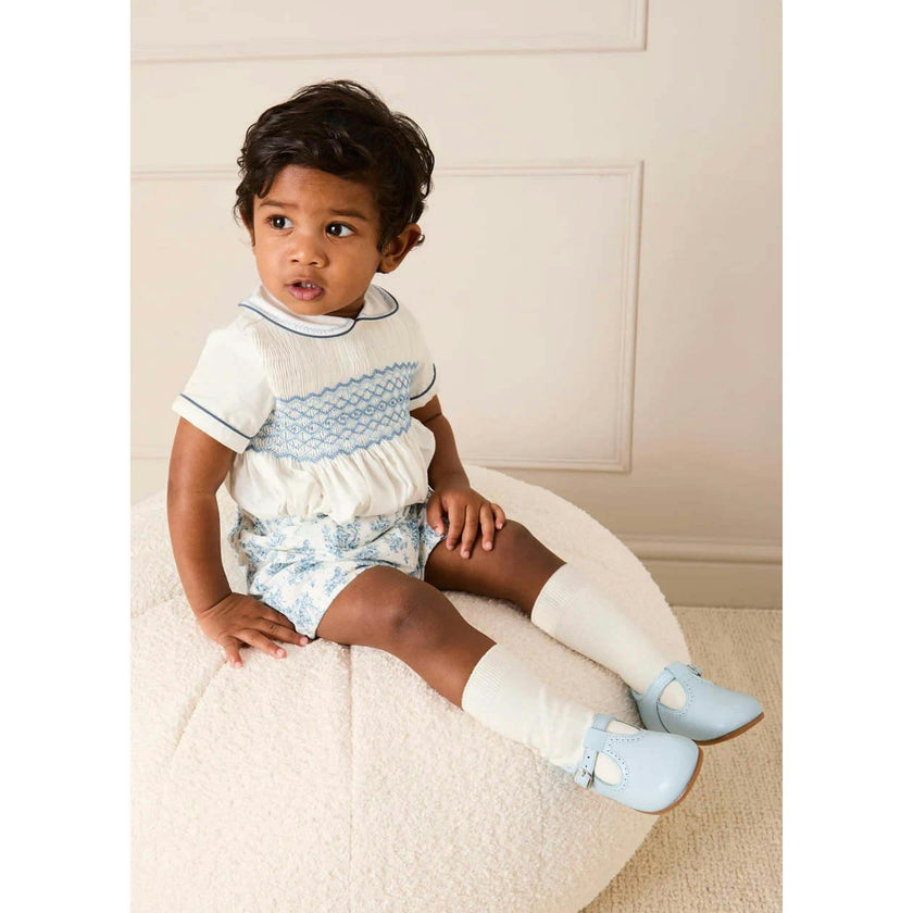 Audrey Toile Peter Pan Collar Hand Smocked Two Piece Set in Blue (6mths-3yrs)