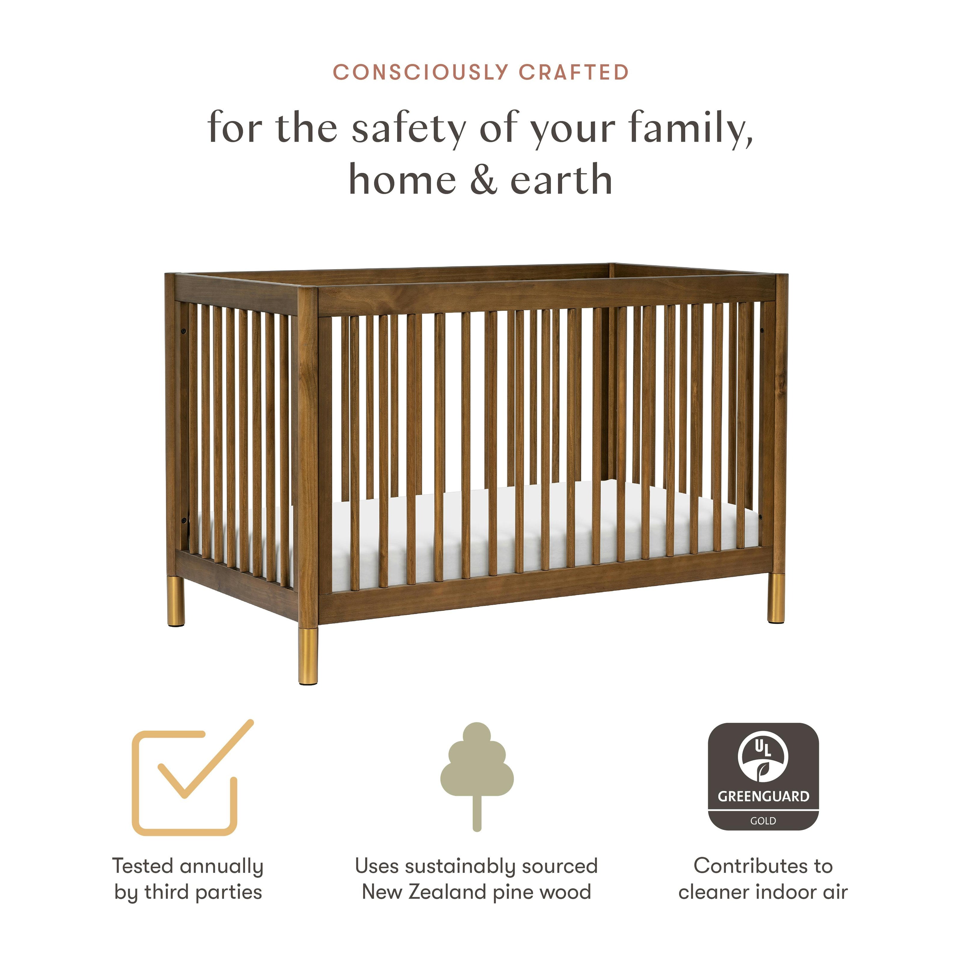 Gelato 4-in-1 Convertible Crib with Toddler Bed Conversion Kit in Natural Walnut & Gold Feet