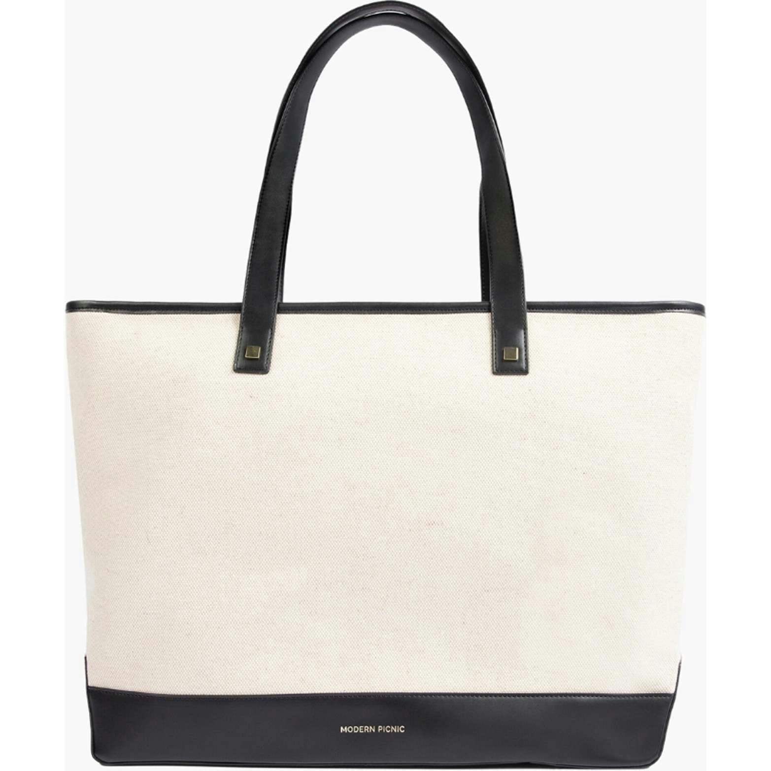 Vegan Leather Work Tote Bag with Removable Insulated Pouch, Black Canvas
