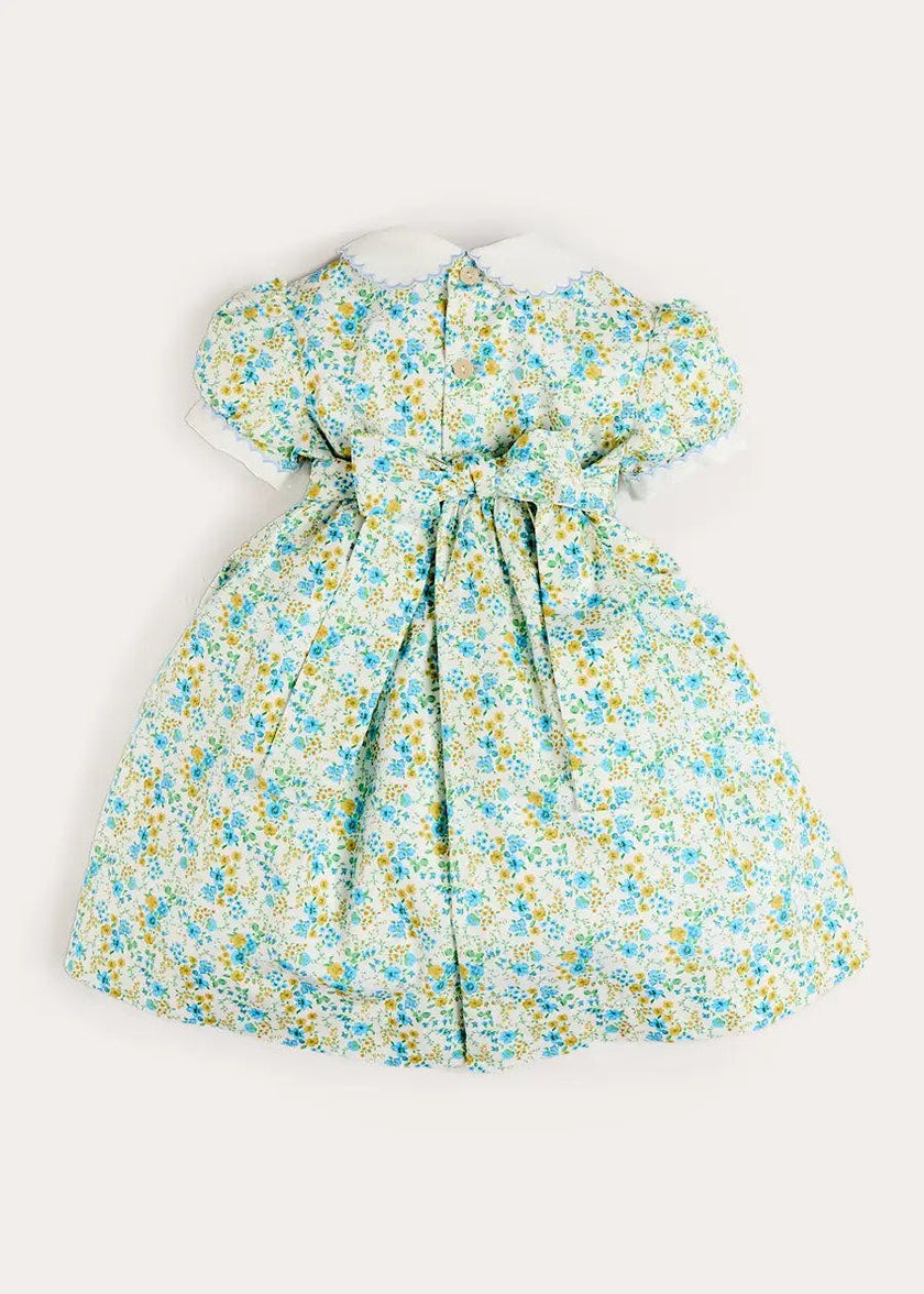Louisa Floral Hand Smocked Short Sleeve Dress in Blue (18mths- 10yrs)