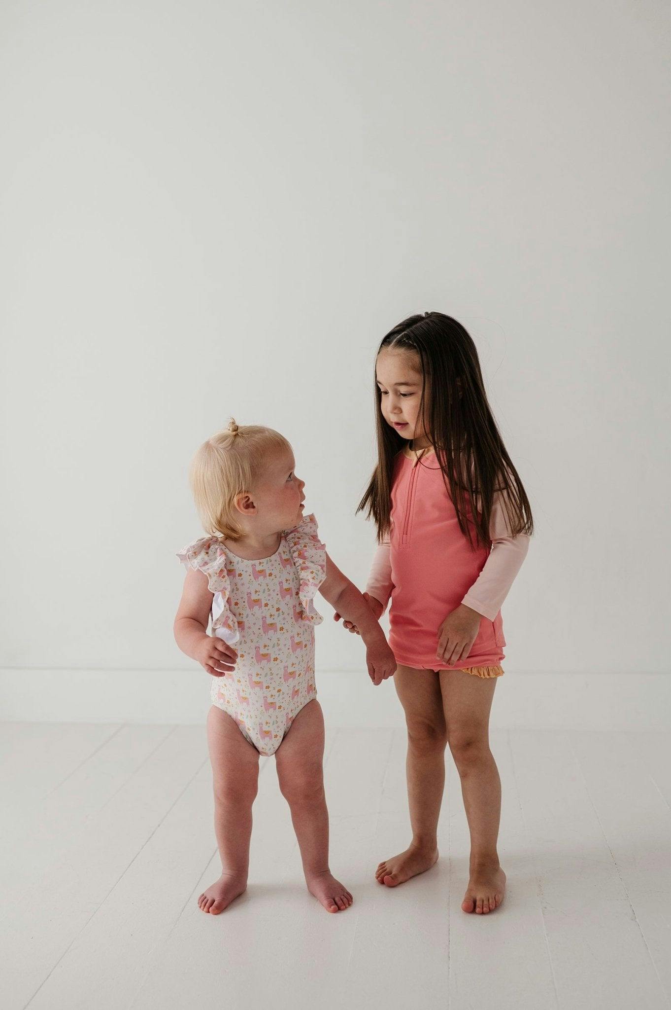 Girls Zip Rash Guard Two-Piece Swimsuit in Strawberry Ice Colorblock