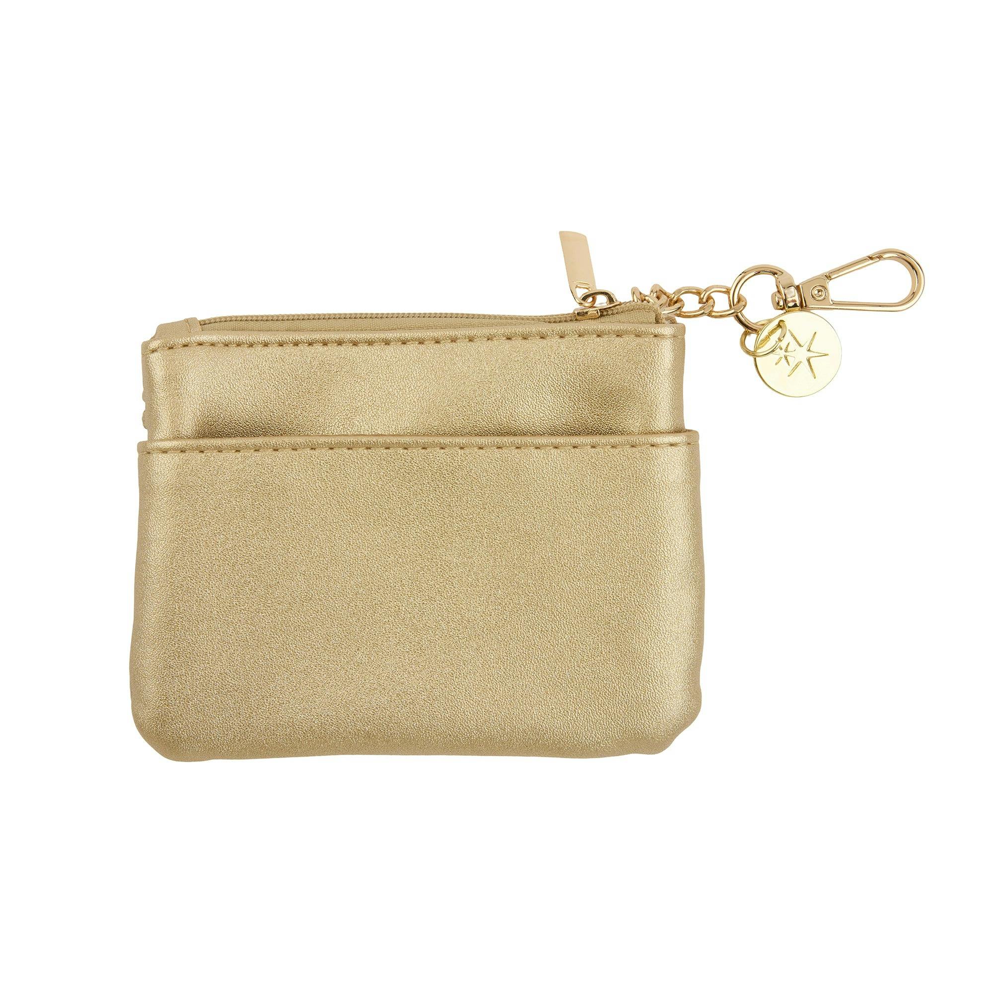 Packed Party Mini Gold Metallic Leatherette Clip and Zip Wallet - Three-Compartment Mini Wallet with Gold Clip for Phone Chains and Keyrings, 4.25x3.5 Inch