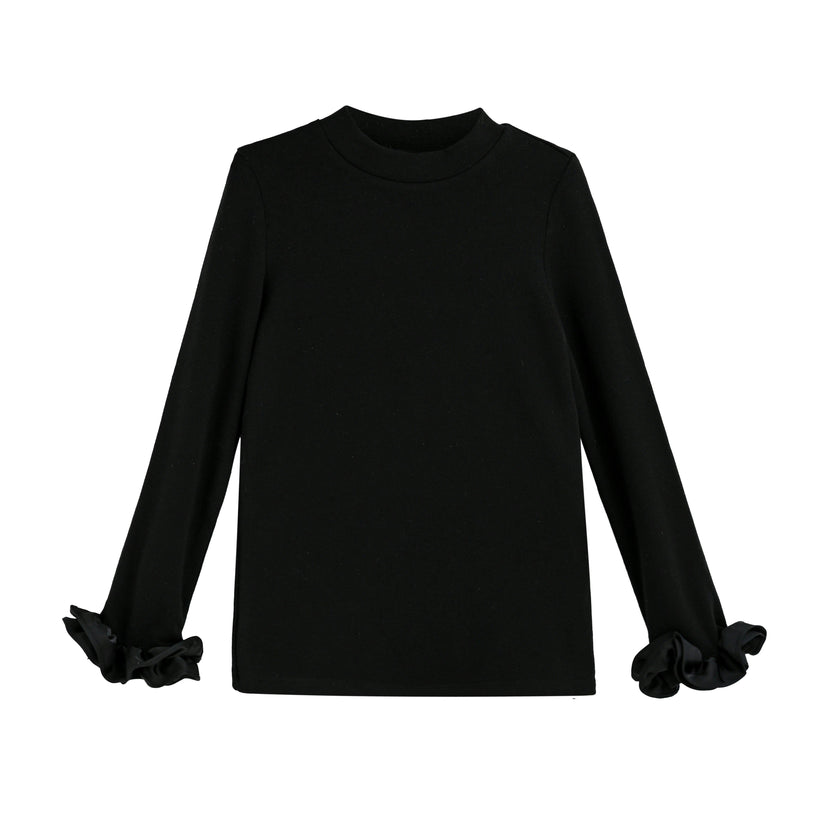 Black Top with Satin Ruffle Cuffs