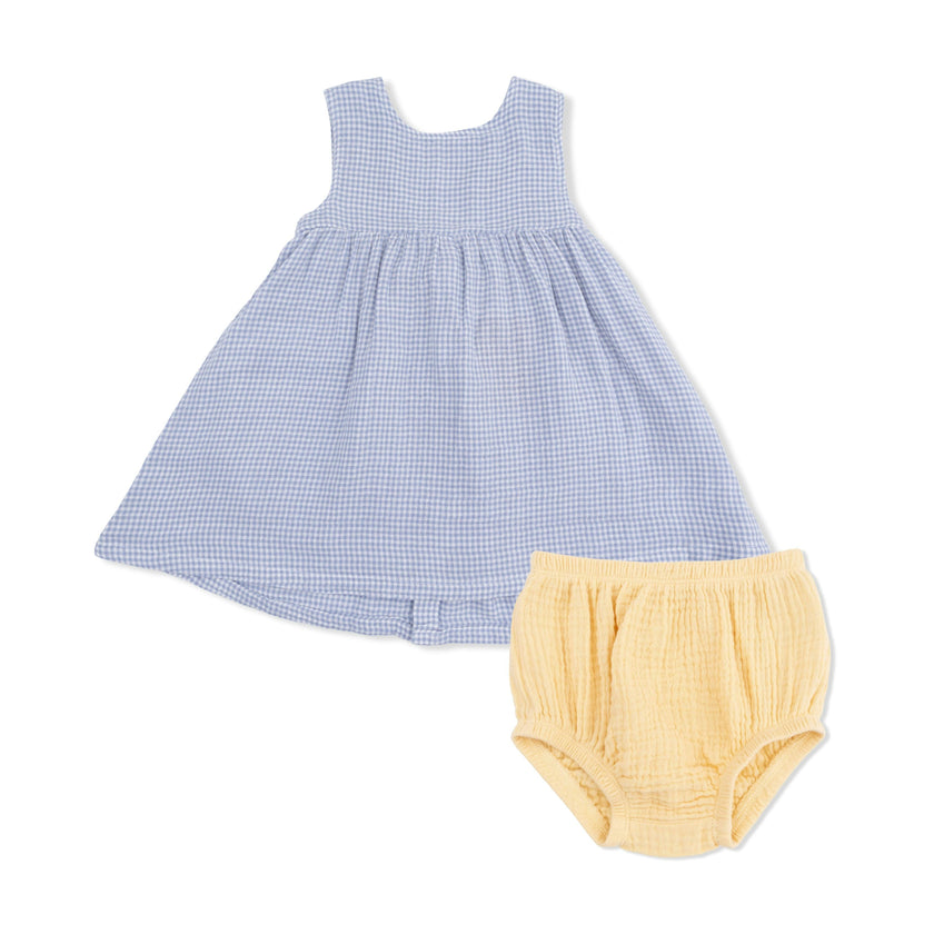 Micro Gingham Blue Blizzard - Dress with Bow and Bloomer