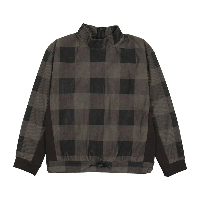 Corduroy Plaid Mao Collar Long Sleeve Toggle Top