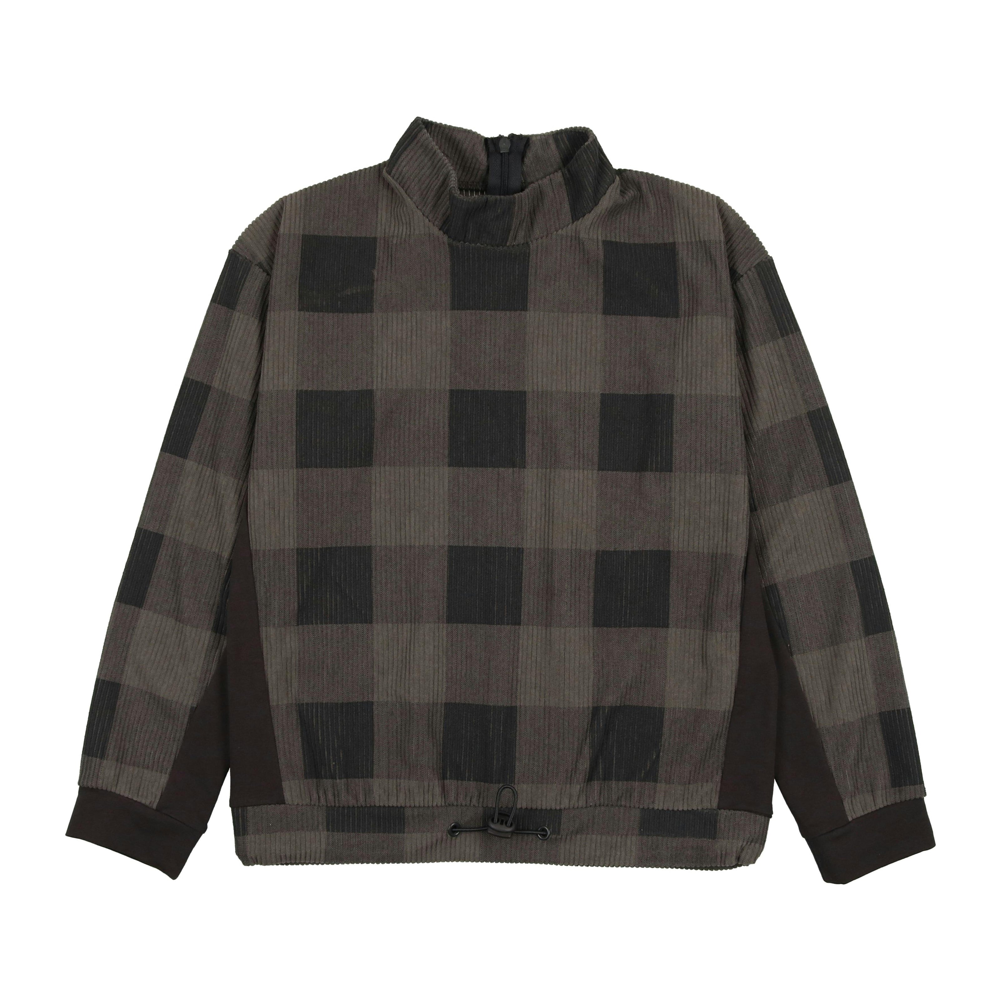 Corduroy Plaid Mao Collar Long Sleeve Toggle Top