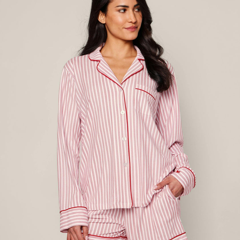 Women's Pima Long Sleeve Short Set in Antique Red Ticking